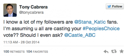 [url=https://www.facebook.com/stanakaticfanpage/photos/a.10151157352656674.438260.284801801673/10152409646326674/]Stana Katic[/url]: Saudações ao Tony Cabrera!

[url=https://twitter.com/tonycabrera/status/527115980007149571]twitter.com/tonycabrera/status/527115980007149571[/url]
