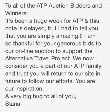 [url=https://twitter.com/Stana_Katic/status/573247220092289024/]@Stana_Katic[/url]: Uma nota de agradecimento àqueles que nos apoiaram esta semana:

#ATP
#InHerShoes
@ALTravelProject 

alternativetravelproject.com

"A todos que deram lances e venceram no leilão do ATP:
Essa foi uma semana importante para o ATP & essa nota vem com atraso, mas eu precisava dizer que vocês são simplesmente incríveis!!! Sou tão grata pelos seus lances generosos no leilão online em apoio ao Alternative Travel Project. Agora consideramos vocês como parte na nossa família ATP e acreditamos que voltarão ao nosso site no futuro para acompanharem nossos esforços futuros. Vocês são nossa inspiração.
Um grande abraço a todos vocês,
Stana"
