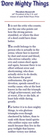 [url=https://twitter.com/Stana_Katic/status/695839017728761856]@Stana_Katic[/url]: #DareMightyThings Teddy Roosevelt.

("Ouse Grandiosidades

Não é o crítico que conta; nem aquele que aponta como o forte tropeçou, ou onde um benfeitor poderia ter sido melhor.

O crédito pertence à pessoa que realmente está na arena; cujo rosto está marcado pela poeira e suor e sangue, que se esforça valentemente; que erra e falha repetidas vezes, porque não há esforço sem erros e fraquezas; que realmente se esforça para realizar feitos; que conhece o maior entusiamo, a maior devoção, que se desgasta por uma causa nobre; que no seu melhor sabe que no final há o triunfo de grande conquista; e que no seu pior, caso ele ou ela falhe, ao menos o faz tendo ousado muito.

É muito melhor ousar grandiosidades, conquistar triunfos cloriosos mesmo permeados por falhas, do que ficar no meio daqueles espíritos tímidos que nem aproveitam e nem sofrem muito porque eles vivem naquele crepúsculo cinza que não conhece nem vitória, nem derrota.")

